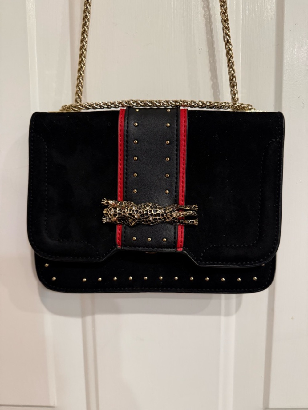 Topshop Panther 🐆 Chain Crossbody Bag | Black Velvet & Studded - Picture 2 of 10